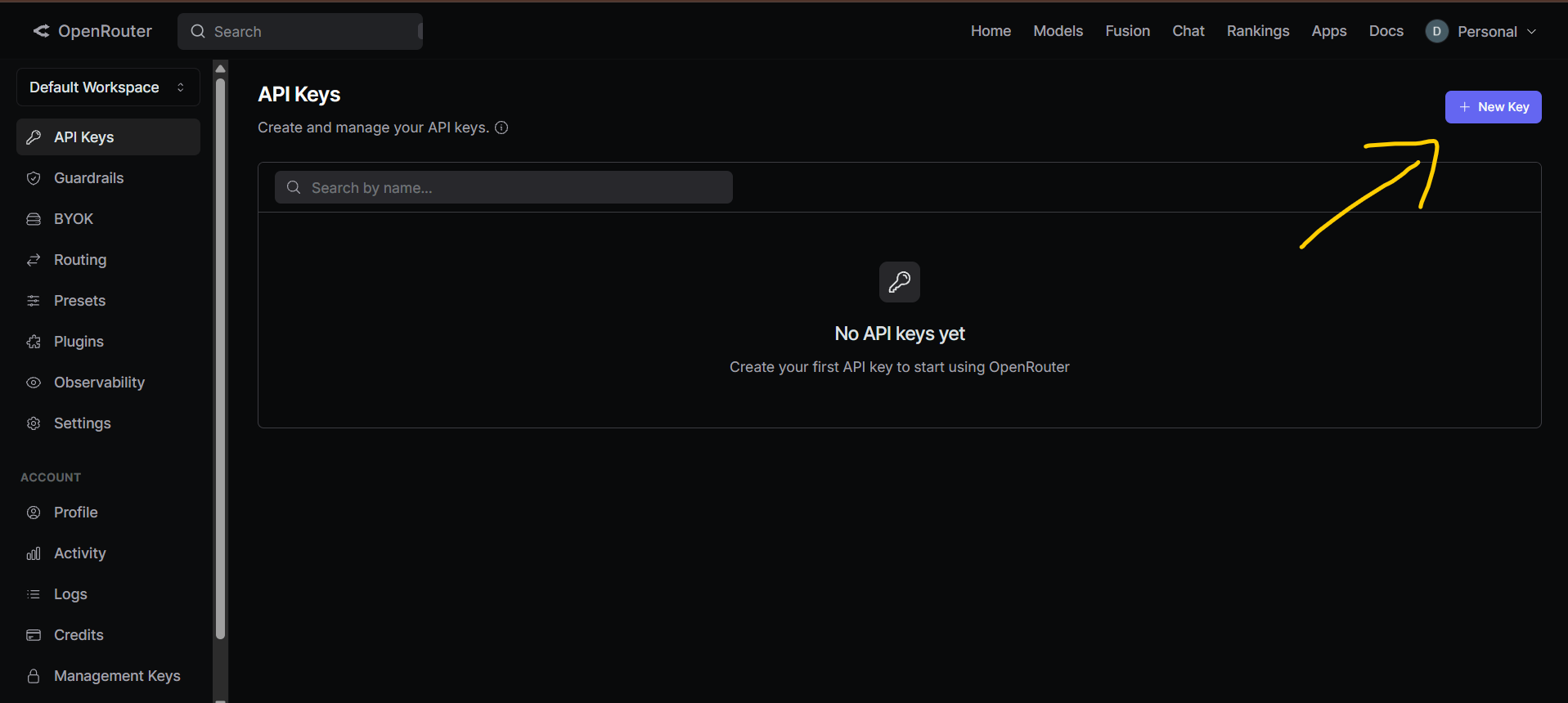 Screenshot of the Create Key button